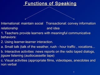 Functions of Speaking



International: maintain social Transactional: convey information
relationship                      and idea
1. Teachers provide learners with meaningful communicative
behaviors:
2. Using learner-learner interaction.
a. Small talk (talk of the weather, rush - hour traffic , vocations...
b. Interactive activities :news reports on the radio taped dialogs,
jigsaw listening (audiocassette tape)
c. Visual activities (appropriate films, videotapes, anecdotes and
non verbal

                                                     5
 