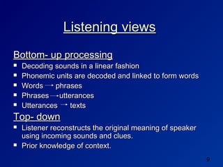 Listening views
Bottom- up processing
   Decoding sounds in a linear fashion
   Phonemic units are decoded and linked to form words
   Words    phrases
   Phrases utterances
   Utterances   texts
Top- down
   Listener reconstructs the original meaning of speaker
    using incoming sounds and clues.
   Prior knowledge of context.
                                                            9
 