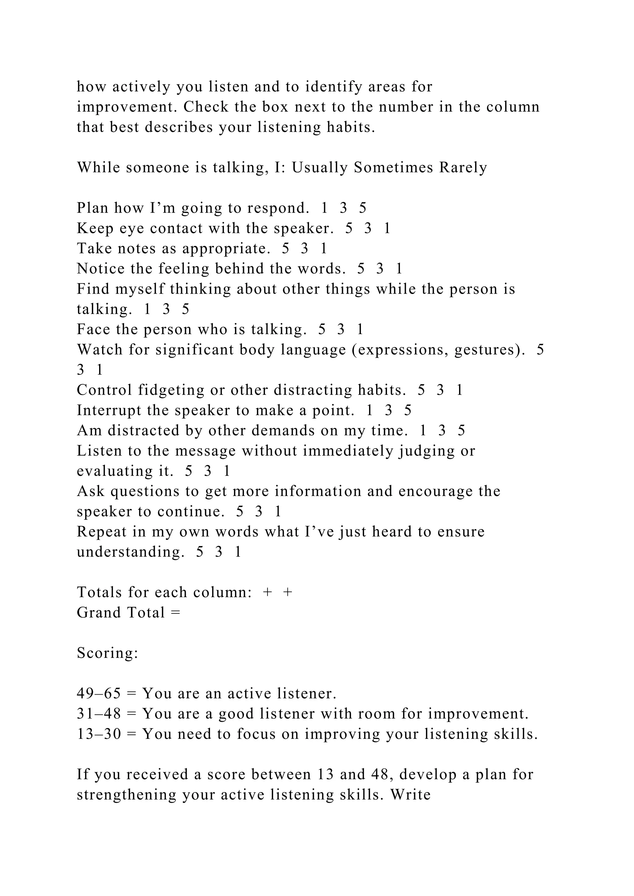 how actively you listen and to identify areas for
improvement. Check the box next to the number in the column
that best describes your listening habits.
While someone is talking, I: Usually Sometimes Rarely
Plan how I’m going to respond. 1 3 5
Keep eye contact with the speaker. 5 3 1
Take notes as appropriate. 5 3 1
Notice the feeling behind the words. 5 3 1
Find myself thinking about other things while the person is
talking. 1 3 5
Face the person who is talking. 5 3 1
Watch for significant body language (expressions, gestures). 5
3 1
Control fidgeting or other distracting habits. 5 3 1
Interrupt the speaker to make a point. 1 3 5
Am distracted by other demands on my time. 1 3 5
Listen to the message without immediately judging or
evaluating it. 5 3 1
Ask questions to get more information and encourage the
speaker to continue. 5 3 1
Repeat in my own words what I’ve just heard to ensure
understanding. 5 3 1
Totals for each column: + +
Grand Total =
Scoring:
49–65 = You are an active listener.
31–48 = You are a good listener with room for improvement.
13–30 = You need to focus on improving your listening skills.
If you received a score between 13 and 48, develop a plan for
strengthening your active listening skills. Write
 