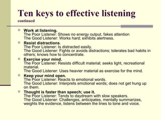 Ten keys to effective listening
continued
 Work at listening.
The Poor Listener: Shows no energy output, fakes attention
The Good Listener: Works hard; exhibits alertness.
 Resist distractions.
The Poor Listener: Is distracted easily.
The Good Listener: Fights or avoids distractions; tolerates bad habits in
others; knows how to concentrate.
 Exercise your mind.
The Poor Listener: Resists difficult material; seeks light, recreational
material.
The Good Listener: Uses heavier material as exercise for the mind.
 Keep your mind open.
The Poor Listener: Reacts to emotional words.
The Good Listener: Interprets emotional words; does not get hung up
on them.
 Thought is faster than speech; use it.
The Poor Listener: Tends to daydream with slow speakers.
The Good Listener: Challenges, anticipates, mentally summarizes,
weights the evidence, listens between the lines to tone and voice.
 