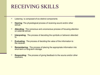 RECEIVING SKILLS
 Listening  is composed of six distinct components
 Hearing: The physiological process of receiving sound and/or other
stimuli.
 Attending:  The conscious and unconscious process of focusing attention
on external stimuli.
 Interpreting:  The process of decoding the symbols or behavior attended
to.
 Evaluating:  The process of deciding the value of the information to
the receiver.
 Remembering:  The process of placing the appropriate information into
short-term or long-term storage.
 Responding:  The process of giving feedback to the source and/or other
receivers.
 