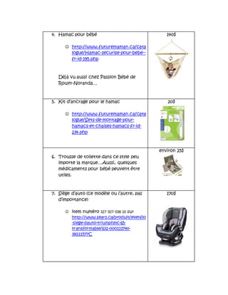 4. Hamac pour bébé
 http://www.futuremaman.ca/cata
logue/Hamac-securise-pour-bebe--
fr-id-195.php
Déjà vu aussi chez Passion Bébé de
Rouyn-Noranda…
140$
5. Kit d’ancrage pour le hamac
 http://www.futuremaman.ca/cata
logue/Sets-de-montage-pour-
hamacs-et-chaises-hamacs-fr-id-
234.php
20$
6. Trousse de toilette dans ce style peu
importe la marque…Aussi, quelques
médicaments pour bébé peuvent être
utiles.
environ 25$
7. Siège d’auto (ce modèle ou l’autre, pas
d’importance)
 item numéro 327 927 038 10 sur
http://www.sears.ca/produit/evenflo
-siege-dauto-triumphmc-65-
transformable/632-000111740-
38211577C
170$
 
