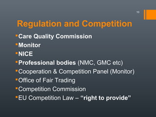 Regulation and Competition
Care Quality Commission
Monitor
NICE
Professional bodies (NMC, GMC etc)
Cooperation & Competition Panel (Monitor)
Office of Fair Trading
Competition Commission
EU Competition Law – “right to provide”
10
 