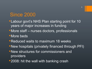 Since 2000
3
Labour govt’s NHS Plan starting point for 10
years of major increases in funding
More staff – nurses doctors, professionals
More beds
Reduced waits to maximum 18 weeks
New hospitals (privately financed through PFI)
New structures for commissioners and
providers
2008: hit the wall with banking crash
 