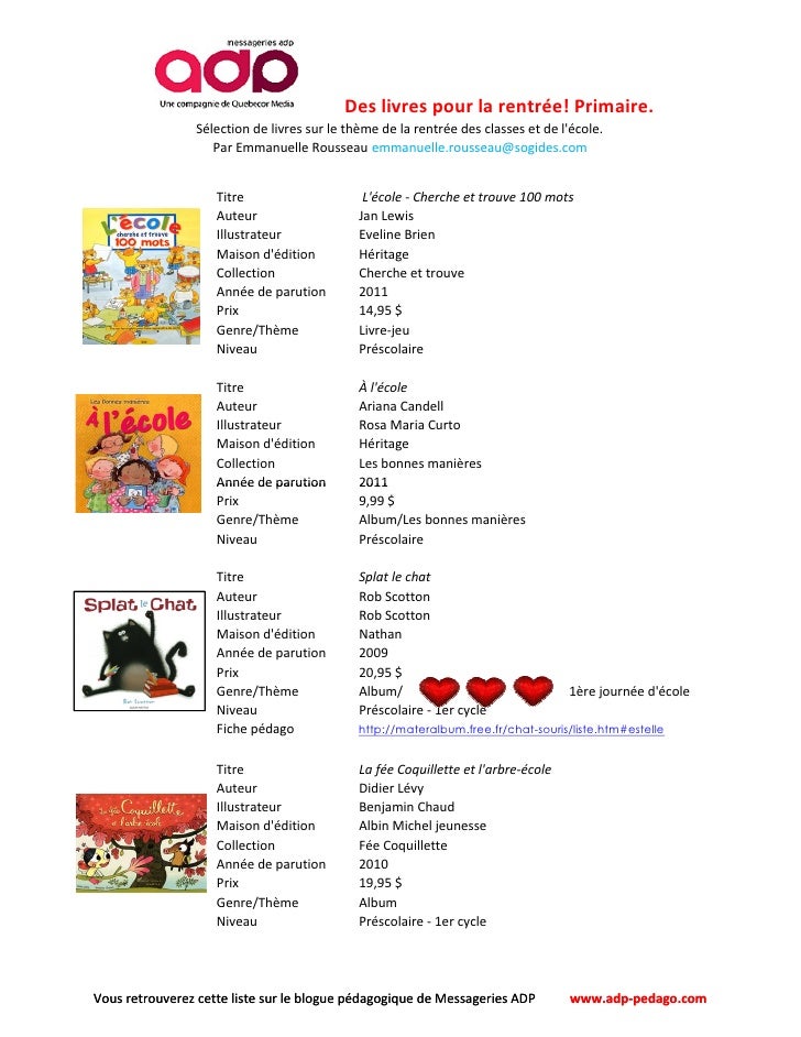 Liste de livres sur la rentrée scolaire ou l'école. Primaire.