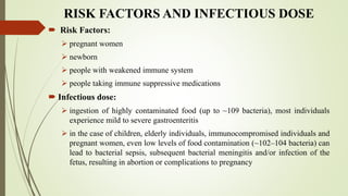  Risk Factors:
 pregnant women
 newborn
 people with weakened immune system
 people taking immune suppressive medications
 Infectious dose:
 ingestion of highly contaminated food (up to ~109 bacteria), most individuals
experience mild to severe gastroenteritis
 in the case of children, elderly individuals, immunocompromised individuals and
pregnant women, even low levels of food contamination (~102–104 bacteria) can
lead to bacterial sepsis, subsequent bacterial meningitis and/or infection of the
fetus, resulting in abortion or complications to pregnancy
RISK FACTORS AND INFECTIOUS DOSE
 