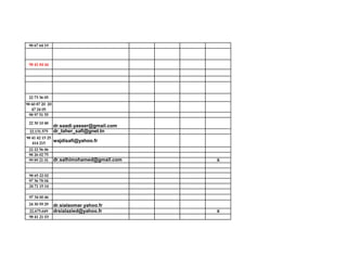 98 67 64 19
98 41 84 44
22 73 36 05
98 60 87 20 20
47 24 05
98 97 51 55
22 30 10 48
dr.saadi.yasser@gmail.com
22.131.575 dr_taher_safi@gnet.tn
98 41 42 15 25
414 215
wajdisafi@yahoo.fr
22 22 56 06
98 26 02 75
99 89 21 01 dr.salhimohamed@gmail.com X
98 65 22 02
97 36 78 04
24 71 15 14
97 34 00 46
24 30 59 29 dr.sialaomar.yahoo.fr
22.675.649 drsialazied@yahoo.fr X
98 41 21 03
 