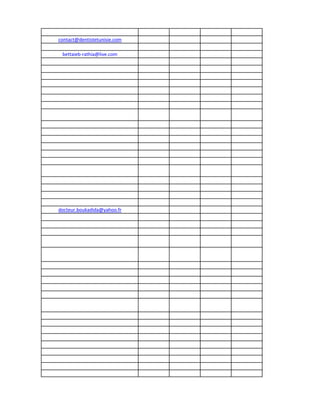 contact@dentistetunisie.com
bettaieb-rathia@live.com
docteur.boukadida@yahoo.fr
 