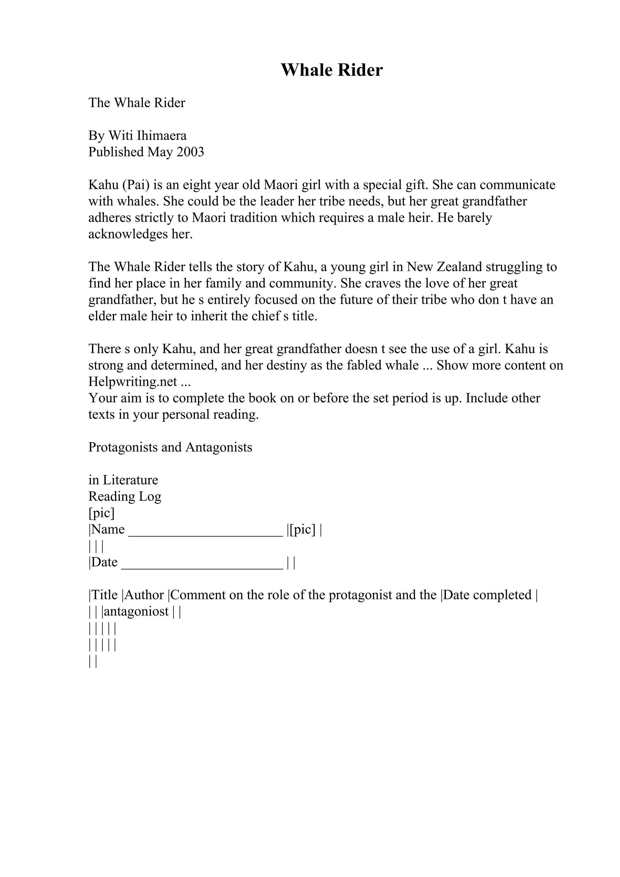 Whale Rider
The Whale Rider
By Witi Ihimaera
Published May 2003
Kahu (Pai) is an eight year old Maori girl with a special gift. She can communicate
with whales. She could be the leader her tribe needs, but her great grandfather
adheres strictly to Maori tradition which requires a male heir. He barely
acknowledges her.
The Whale Rider tells the story of Kahu, a young girl in New Zealand struggling to
find her place in her family and community. She craves the love of her great
grandfather, but he s entirely focused on the future of their tribe who don t have an
elder male heir to inherit the chief s title.
There s only Kahu, and her great grandfather doesn t see the use of a girl. Kahu is
strong and determined, and her destiny as the fabled whale ... Show more content on
Helpwriting.net ...
Your aim is to complete the book on or before the set period is up. Include other
texts in your personal reading.
Protagonists and Antagonists
in Literature
Reading Log
[pic]
|Name ______________________ |[pic] |
| | |
|Date _______________________ | |
|Title |Author |Comment on the role of the protagonist and the |Date completed |
| | |antagoniost | |
| | | | |
| | | | |
| |
 