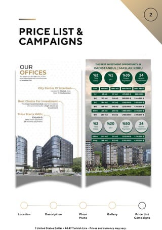 POA
Location Floor
Plans
Gallery
Description Price List
Campaigns
PRICE LIST &
CAMPAIGNS
1 United States Dollar = 44.47 Turkish Lira - Prices and currency may vary.
 