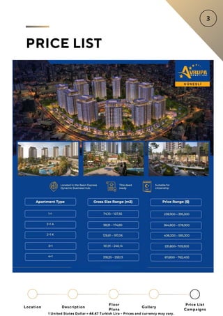 PRICE LIST
Location
Floor
Plans
Gallery
Description
Price List
Campaigns
1 United States Dollar = 44.47 Turkish Lira - Prices and currency may vary.
 