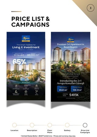 PRICE LIST &
CAMPAIGNS
Location Floor
Plans
Gallery
Description Price List
Campaigns
1 United States Dollar = 44.47 Turkish Lira - Prices and currency may vary.
 