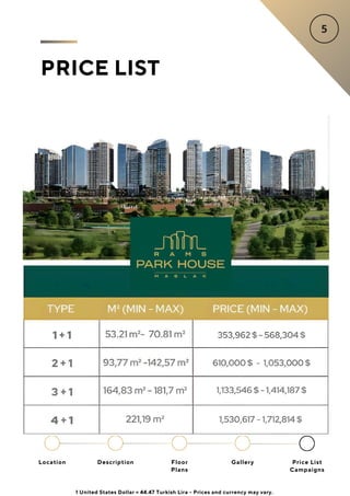 PRICE LIST
Location Floor
Plans
Gallery
Description Price List
Campaigns
1 United States Dollar = 44.47 Turkish Lira - Prices and currency may vary.
 