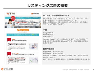 Copyright © Willgate,Inc. All Rights Reserved. 4
リスティング広告の概要
リスティング出稿対象のサイト
弊社が運営するクラウドソーシングサイト「サグーワークス」に
仕事を依頼してくださる法人向けのページです。
管理上の事情で本サイトとは別にランディングページを作成し、
リスティングを行っています。
予算
Google10万円
Yahoo!10万円
計20万円です。
GoogleとYahoo!どちらも出稿していますが、ややこしくなって
しまうので今回の記事ではGoogleアドワーズのみ数値をご紹介
していきます。
比較対象期間
外注前期間：2014/7/1～7/24
外注後期間：2014/7/25～8/17
リスティングを自社でやり始めたのが7月1日で、同月の25日か
ら外注しました。
自社で回していた期間を基準に、外注直後の同期間で比較します。
 