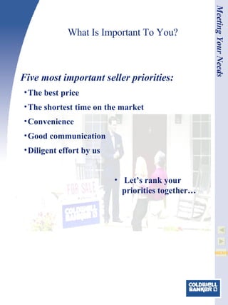 What Is Important To You? Five most important seller priorities: The best price The shortest time on the market Convenience Good communication Diligent effort by us Let’s rank your priorities together… Meeting Your Needs 