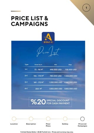 PRICE LIST &
CAMPAIGNS
Location Floor
Plans
Gallery
Description Price List
Campaigns
1 United States Dollar = 43.42 Turkish Lira - Prices and currency may vary.
 