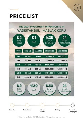 PRICE LIST
Location Floor
Plans
Gallery
Description Price List
Campaigns
1 United States Dollar = 43.42 Turkish Lira - Prices and currency may vary.
 