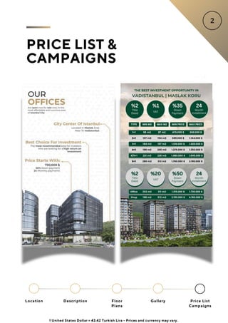POA
Location Floor
Plans
Gallery
Description Price List
Campaigns
PRICE LIST &
CAMPAIGNS
1 United States Dollar = 43.42 Turkish Lira - Prices and currency may vary.
 