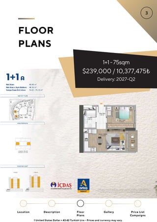 1+1-75sqm
$239,000 / 10,377,475₺
FLOOR
PLANS
Delivery: 2027-Q2
Location Floor
Plans
Gallery
Description Price List
Campaigns
1 United States Dollar = 43.42 Turkish Lira - Prices and currency may vary.
 