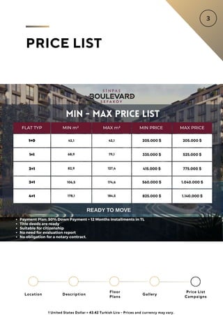 PRICE LIST
Location
Floor
Plans
Gallery
Description
Price List
Campaigns
1 United States Dollar = 43.42 Turkish Lira - Prices and currency may vary.
 