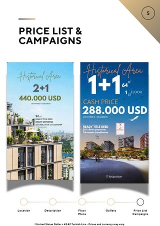 PRICE LIST &
CAMPAIGNS
Location Floor
Plans
Gallery
Description Price List
Campaigns
1 United States Dollar = 43.42 Turkish Lira - Prices and currency may vary.
 