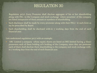 Regulation 30(2): Every Promoter shall disclose aggregate of his or her shareholding
along with PAC, to the Company and stock exchange where securities' of the company
are listed irrespective of there amount or numbers of shareholding.
 Such disclosure shall be made by every promoter along with their PACs` in such form as
my be prescribed by Board.
 Such shareholding shall be disclosed with-in 7 working days from the end of each
financial year.
Lets understand regulation 30(2) with an example:
 ABC Limited a company whose equity shares are listed on BSE limited having 4 (four)
promoters each of them holding 10% holding of the Company, since they are promoter
each of them shall disclose there shareholding to the company and stock exchange with-
in 7 working days from the end of each financial year.
REGULATION 30
 