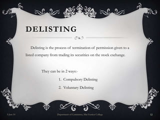 DELISTING
Delisting is the process of termination of permission given to a
listed company from trading its securities on the stock exchange.
They can be in 2 ways:-
1. Compulsory Delisting
2. Voluntary Delisting
5-Jun-14 Department of Commerce, Mar Ivanios College 12
 