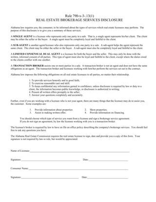 Rule 790-x-3-.13(1)
                         REAL ESTATE BROKERAGE SERVICES DISCLOSURE

Alabama law requires you, the consumer, to be informed about the types of services which real estate licensees may perform. The
purpose of this disclosure is to give you a summary of these services.

A SINGLE AGENT is a licensee who represents only one party in a sale. That is, a single agent represents his/her client. The client
may be either the seller or the buyer. A single agent must be completely loyal and faithful to the client.

A SUB-AGENT is another agent/licensee who also represents only one party in a sale. A sub-agent helps the agent represent the
same client. The client may be either the seller or the buyer. A sub-agent must also be completely loyal and faithful to the client.

A LIMITED CONSENSUAL DUAL AGENT is a licensee for both the buyer and the seller. This may only be done with the
written, informed consent of all parties. This type of agent must also be loyal and faithful to the client, except where the duties owed
to the clients conflict with one another.

A TRANSACTION BROKER assists one or more parties in a sale. A transaction broker is not an agent and does not have the same
obligations as an agent. The transaction broker and licensees working with him/her perform the services set out in the contract.

Alabama law imposes the following obligations on all real estate licensees to all parties, no matter their relationship.

                  1. To provide services honestly and in good faith;
                  2. To exercise reasonable care and skill;
                  3. To keep confidential any information gained in confidence, unless disclosure is required by law or duty to a
                  client, the information becomes public knowledge, or disclosure is authorized in writing;
                  4. Present all written offers promptly to the seller;
                  5. Answer your questions completely and accurately.

Further, even if you are working with a licensee who is not your agent, there are many things that the licensee may do to assist you,
the customer. Some examples are:

                   1.   Provide information about properties              2.    Show properties;
                   3.   Assist in making written offer;                   4.    Provide information on financing.

         You should choose which type of service you want from a licensee and sign a brokerage service agreement.
         If you do not sign an agreement, by law the licensee working with you is a transaction broker.

The licensee's broker is required by law to have on file an office policy describing the company's brokerage services. You should feel
free to ask any questions you have.

The Alabama Real Estate Commission requires the real estate licensee to sign, date and provide you a copy of this form. Your
signature is not required by law or rule, but would be appreciated.



Name of Licensee:______________________________________________________________________________


Signature:______________________________________________                 Date:_______________________________


Consumer Name:______________________________________________________________________________


Signature:_____________________________________________                Date:________________________________
 