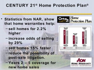 CENTURY 21 ®  Home Protection Plan ®   Statistics from NAR, show that home warranties help: sell homes for 2.2% higher  increase odds of selling by 29%  sell homes 15% faster reduce the possibility of post-sale litigation.   Years 2 – 5 coverage for new home sales 
