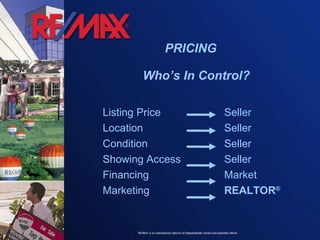 PRICING Who’s In Control? Listing Price     Seller Location   Seller Condition   Seller Showing Access   Seller Financing   Market Marketing   REALTOR ® 