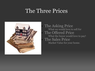 The Three Prices The Asking Price What we would love to sell for The Offered Price What the buyer would love to pay! The Sales Price Market Value for your home. 