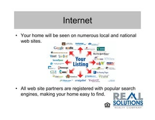 Internet
• Your home will be seen on numerous local and national
  web sites.




• All web site partners are registered with popular search
  engines, making your home easy to find.
 