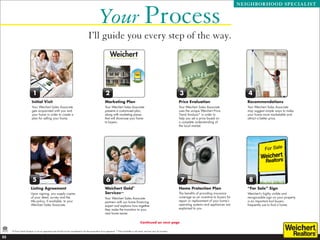 Your Process
                                                                                                                                                                                                                        NEIGHBORHOOD SPECIALIST




                                                                                       I’ll guide you every step of the way.




                           1                                                                             2                                                                     3                                           4
                          Initial Visit                                                                 Marketing Plan                                                         Price Evaluation                            Recommendations
                          Your Weichert Sales Associate                                                 Your Weichert Sales Associate                                          Your Weichert Sales Associate               Your Weichert Sales Associate
                          gets acquainted with you and                                                  presents a customized plan,                                            uses the unique Weichert Price              may suggest simple ways to make
                          your home in order to create a                                                along with marketing pieces                                            Trend Analysis* in order to                 your home more marketable and
                          plan for selling your home.                                                   that will showcase your home                                           help you set a price based on               attract a better price.
                                                                                                        to buyers.                                                             a complete understanding of
                                                                                                                                                                               the local market.




                           5                                                                              6                                                                     7                                           8
                         Listing Agreement                                                              Weichert Gold®                                                         Home Protection Plan                        “For Sale” Sign
                         Upon signing, you supply copies                                                Services**                                                             The benefits of providing insurance         Weichert’s highly visible and
                         of your deed, survey and the                                                   Your Weichert Sales Associate                                          coverage as an incentive to buyers for      recognizable sign on your property
                         title policy, if available, to your                                            partners with our home financing                                       repair or replacement of your home’s        is an important tool buyers
                         Weichert Sales Associate.                                                      expert and explains how together                                       operating systems and appliances are        frequently use to find a home.
                                                                                                        they make the transition to your                                       explained to you.
                                                                                                        next home easier.

                                                                                                                                              Continued on next page

     *A Price Trend Analysis is not an appraisal and should not be considered to be the equivalent of an appraisal. **Not available in all areas; services vary by location.

23
 