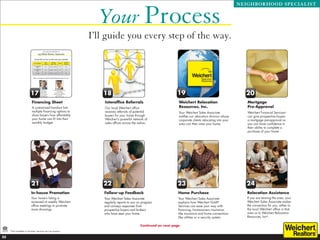 Your Process
                                                                                                                                                            NEIGHBORHOOD SPECIALIST




                                                               I’ll guide you every step of the way.




                           17                                     18                                              19                                          20
                            Financing Sheet                        Interoffice Referrals                           Weichert Relocation                         Mortgage
                            A customized handout lists             Our local Weichert office                       Resources, Inc.                             Pre-Approval
                            multiple financing options to          receives referrals of potential                 Your Weichert Sales Associate               Weichert Financial Services*
                            show buyers how affordably             buyers for your home through                    notifies our relocation division whose      can give prospective buyers
                            your home can fit into their           Weichert’s powerful network of                  corporate clients relocating into your      a mortgage pre-approval so
                            monthly budget.                        sales offices across the nation.                area can then view your home.               you can have confidence in
                                                                                                                                                               their ability to complete a
                                                                                                                                                               purchase of your home.




                            21                                    22                                              23                                          24
                            In-house Promotion                     Follow-up Feedback                              Home Purchase                               Relocation Assistance
                            Your home’s listing is                 Your Weichert Sales Associate                   Your Weichert Sales Associate               If you are leaving the area, your
                            reviewed at weekly Weichert            regularly reports to you on progress            explains how Weichert Gold®                 Weichert Sales Associate makes
                            office meetings to promote             and conveys responses from                      Services can ease your way with             the connection for you, either to
                            more showings.                         prospective buyers and brokers                  financing, homeowners insurance,            the local Weichert office in that
                                                                   who have seen your home.                        title insurance and home connections        area or to Weichert Relocation
                                                                                                                   like utilities or a security system.        Resources, Inc®.

                                                                                              Continued on next page
     *Not available in all areas; services vary by location.

25
 