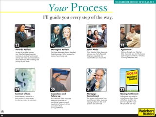 Your Process
                                                                                                                       NEIGHBORHOOD SPECIALIST




                                           I’ll guide you every step of the way.




     25                                       26                                      27                                  28
     Periodic Review                           Manager’s Review                       Offer Made                          Agreement
     As part of the sales process,             The Sales Manager of your Weichert     Your Weichert Sales Associate       Working through your Weichert
     your Weichert Sales Associate             Sales Associate’s office reviews the   advises you of all offers and       Sales Associate, you and the buyers
     continues to analyze local market         status of your home sale.              helps you negotiate any             agree on price and terms, including
     activity and make recommendations                                                counteroffers you may make.         a closing/settlement date.
     about fine-tuning the marketing and
     pricing of your home.




     29                                        30                                     31                                 32
     Contract of Sale                          Inspections and                        Mortgage                            Closing/Settlement
     Initial deposit is placed in a            Follow-up                              Commitment                          Adjustments are made for
     trust account. In some states,            Your Weichert Sales Associate          You receive confirmation from       miscellaneous items (taxes,
     an attorney review is customary.          keeps you up-to-date on                your Weichert Sales Associate.      utility fees, etc.) You are
                                               pre-closing inspections and            Closing/settlement date and         paid and give the buyer
                                               negotiates all issues to bring         location are confirmed.             title (or deed) and keys.
                                               your sale to final
                                               closing/settlement.




26
 