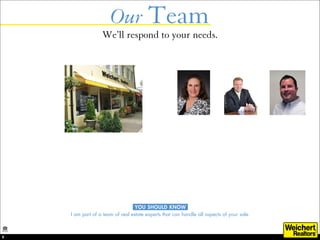 Our Team
                      We’ll respond to your needs.
                                          Princeton




                                                             Beatrice Bloom        Joshua Wilton     Brian D McDaniel
                                                           Sales Representative       Manager      Gold Services Manager




                                




                                      YOU SHOULD KNOW
        I am part of a team of real estate experts that can handle all aspects of your sale.



    5
 