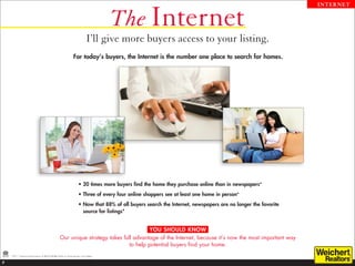 The Internet
                                                                                                                                                            INTERNET




                                                                        I’ll give more buyers access to your listing.
                                                             For today’s buyers, the Internet is the number one place to search for homes.




                                                                 •  0 times more buyers find the home they purchase online than in newspapers*
                                                                   2
                                                                 •  hree of every four online shoppers see at least one home in person*
                                                                   T
                                                                 •  ow that 88% of all buyers search the Internet, newspapers are no longer the favorite
                                                                   N
                                                                   source for listings*


                                                                                      YOU SHOULD KNOW
                                                Our unique strategy takes full advantage of the Internet, because it’s now the most important way
                                                                             to help potential buyers find your home.
    *2011 National Association of REALTORS® Profile of Home Buyers and Sellers.

7
 