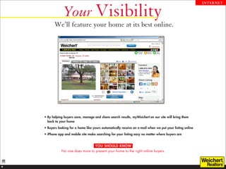 Your Visibility
                                                                                                              INTERNET




           We’ll feature your home at its best online.




    •  y helping buyers save, manage and share search results, myWeichert on our site will bring them
      B
      back to your home
    •  uyers looking for a home like yours automatically receive an e-mail when we put your listing online
      B
    • 
      iPhone app and mobile site make searching for your listing easy no matter where buyers are


                                  YOU SHOULD KNOW
               No one does more to present your home to the right online buyers.



9
 
