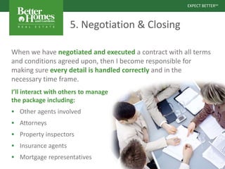 EXPECT BETTERSM
EXPECT BETTERSM
5. Negotiation & Closing
I’ll interact with others to manage
the package including:
 Other agents involved
 Attorneys
 Property inspectors
 Insurance agents
 Mortgage representatives
When we have negotiated and executed a contract with all terms
and conditions agreed upon, then I become responsible for
making sure every detail is handled correctly and in the
necessary time frame.
 