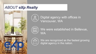Digital agency with offices in
Vancouver, WA
We were established in Bellevue,
WA
We are recognized as the fastest growing
digital agency in the nation.
ABOUT eXp Realty
 