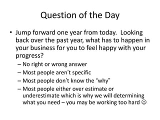Question of the Day
• Jump forward one year from today. Looking
back over the past year, what has to happen in
your business for you to feel happy with your
progress?
– No right or wrong answer
– Most people aren’t specific
– Most people don’t know the “why”
– Most people either over estimate or
underestimate which is why we will determining
what you need – you may be working too hard 

 