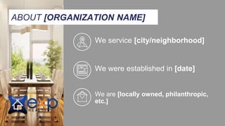 We service [city/neighborhood]
We were established in [date]
We are [locally owned, philanthropic,
etc.]
ABOUT [ORGANIZATION NAME]
 