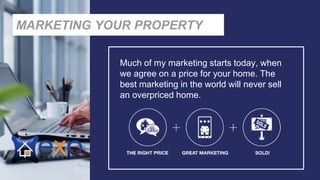 Much of my marketing starts today, when
we agree on a price for your home. The
best marketing in the world will never sell
an overpriced home.
MARKETING YOUR PROPERTY
 