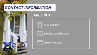 CONTACT INFORMATION
JANE SMITH
303.123.4567
jane@abcrealty.com
janesmith.com
 