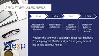 ABOUT MY BUSINESS
Graduated from
Colorado State
University
1997 1999 2005 2015
Received real
estate license
Broker
Associate at
ABC Realty
Started own
business:
XZY Real
Estate
Replace this text with a paragraph about your business.
I’m a super great Realtor and you’re so going to want
me to help sell your home!
 