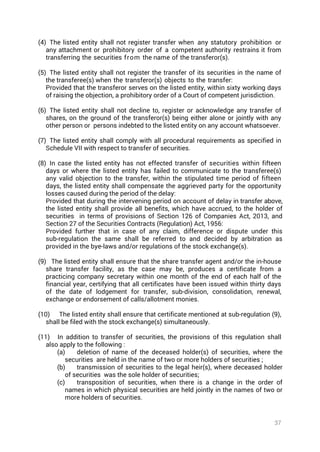 37
(4) The listed entity shall not register transfer when any statutory prohibition or
any attachment or prohibitory order of a competent authority restrains it from
transferring the securities from the name of the transferor(s).
(5) The listed entity shall not register the transfer of its securities in the name of
the transferee(s) when the transferor(s) objects to the transfer:
Provided that the transferor serves on the listed entity, within sixty working days
of raising the objection, a prohibitory order of a Court of competent jurisdiction.
(6) The listed entity shall not decline to, register or acknowledge any transfer of
shares, on the ground of the transferor(s) being either alone or jointly with any
other person or persons indebted to the listed entity on any account whatsoever.
(7) The listed entity shall comply with all procedural requirements as specified in
Schedule VII with respect to transfer of securities.
(8) In case the listed entity has not effected transfer of securities within fifteen
days or where the listed entity has failed to communicate to the transferee(s)
any valid objection to the transfer, within the stipulated time period of fifteen
days, the listed entity shall compensate the aggrieved party for the opportunity
losses caused during the period of the delay:
Provided that during the intervening period on account of delay in transfer above,
the listed entity shall provide all benefits, which have accrued, to the holder of
securities in terms of provisions of Section 126 of Companies Act, 2013, and
Section 27 of the Securities Contracts (Regulation) Act, 1956:
Provided further that in case of any claim, difference or dispute under this
sub-regulation the same shall be referred to and decided by arbitration as
provided in the bye-laws and/or regulations of the stock exchange(s).
(9) The listed entity shall ensure that the share transfer agent and/or the in-house
share transfer facility, as the case may be, produces a certificate from a
practicing company secretary within one month of the end of each half of the
financial year, certifying that all certificates have been issued within thirty days
of the date of lodgement for transfer, sub-division, consolidation, renewal,
exchange or endorsement of calls/allotment monies.
(10) The listed entity shall ensure that certificate mentioned at sub-regulation (9),
shall be filed with the stock exchange(s) simultaneously.
(11) In addition to transfer of securities, the provisions of this regulation shall
also apply to the following :
(a) deletion of name of the deceased holder(s) of securities, where the
securities are held in the name of two or more holders of securities ;
(b) transmission of securities to the legal heir(s), where deceased holder
of securities was the sole holder of securities;
(c) transposition of securities, when there is a change in the order of
names in which physical securities are held jointly in the names of two or
more holders of securities.
 