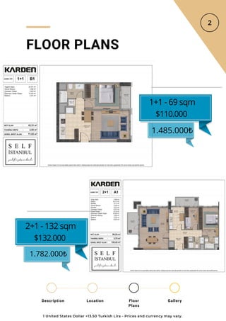 Location Floor
Plans
Gallery
Description
FLOOR PLANS
1+1 - 69 sqm
$110.000
1.485.000₺
1.782.000₺
2+1 - 132 sqm
$132.000
1 United States Dollar =13.50 Turkish Lira - Prices and currency may vary.
 