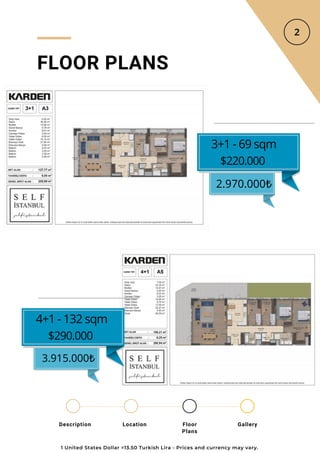 Location Floor
Plans
Gallery
Description
3.915.000₺
FLOOR PLANS
3+1 - 69 sqm
$220.000
2.970.000₺
4+1 - 132 sqm
$290.000
1 United States Dollar =13.50 Turkish Lira - Prices and currency may vary.
 