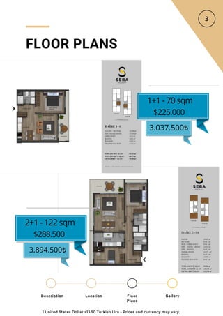 Location Floor
Plans
Gallery
Description
3.894.500₺
FLOOR PLANS
1+1 - 70 sqm
$225.000
3.037.500₺
2+1 - 122 sqm
$288.500
1 United States Dollar =13.50 Turkish Lira - Prices and currency may vary.
 