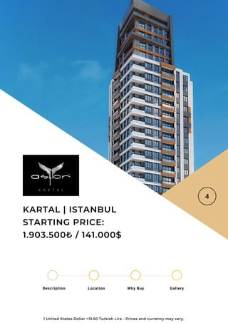 Location Why Buy Gallery
Description
KARTAL | ISTANBUL
STARTING PRICE:
1.903.500₺ / 141.000$
1 United States Dollar =13.50 Turkish Lira - Prices and currency may vary.
 